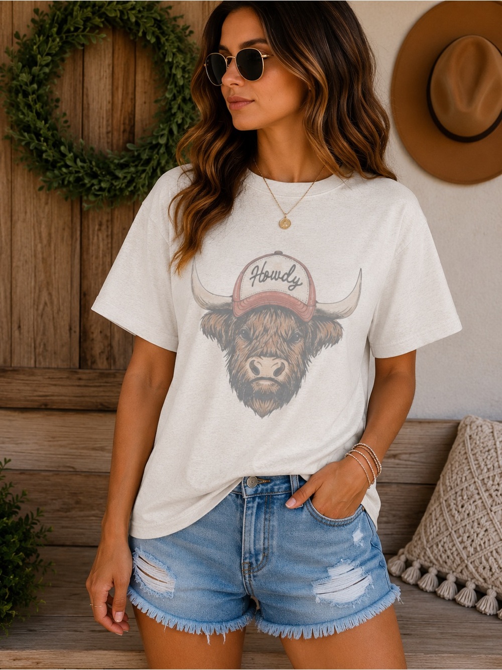 Highland Cow 'Howdy' Graphic Tee - Tan